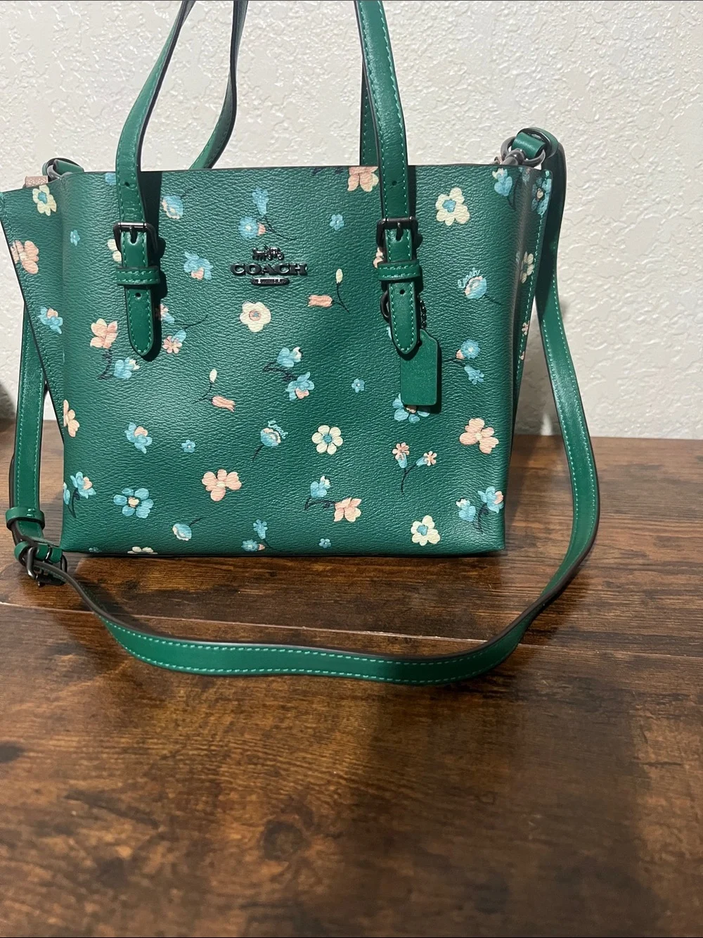 Beautiful Coach Green Floral Shoulder Tote with Pink & Blue Flowers